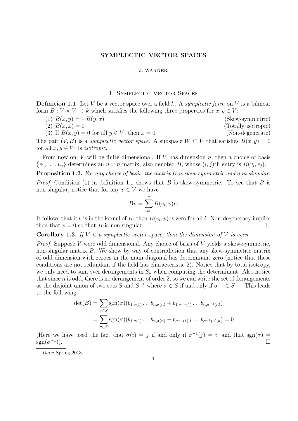 SYMPLECTIC VECTOR SPACES 1. Symplectic Vector