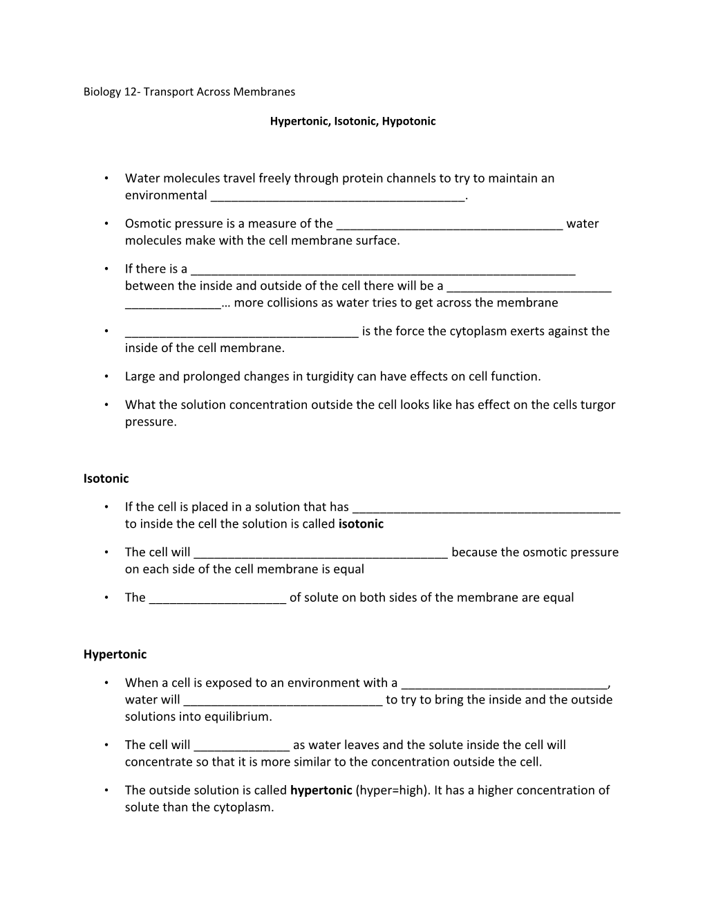 Biology 12- Transport Across Membranes