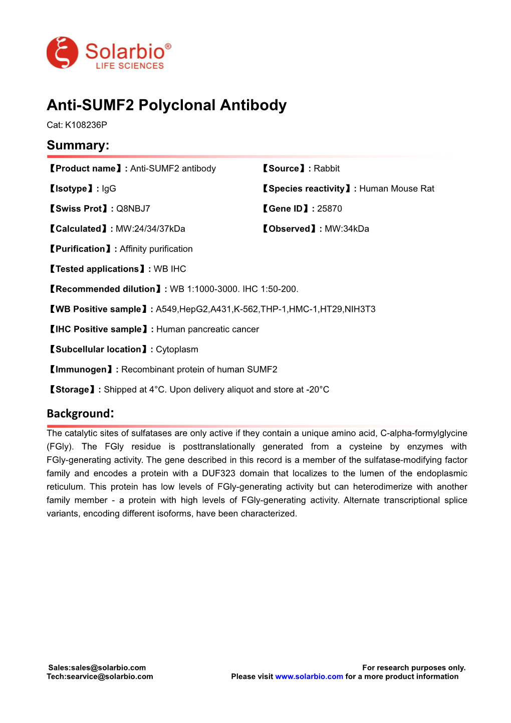 Anti-SUMF2 Polyclonal Antibody Cat: K108236P Summary