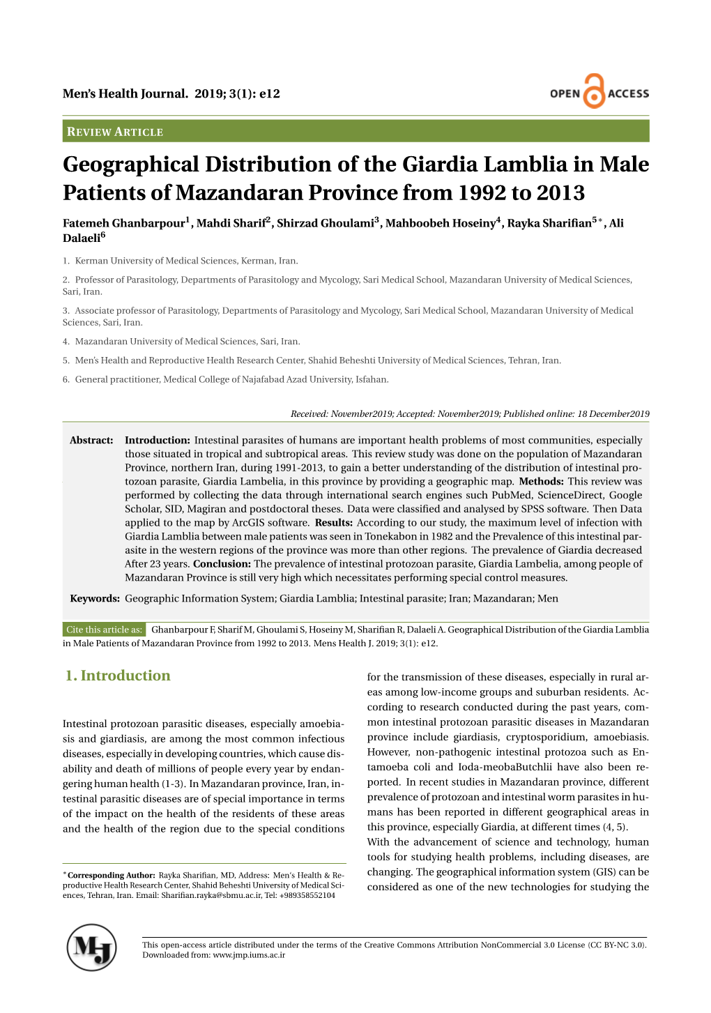 Geographical Distribution of the Giardia Lamblia in Male Patients of Mazandaran Province from 1992 to 2013