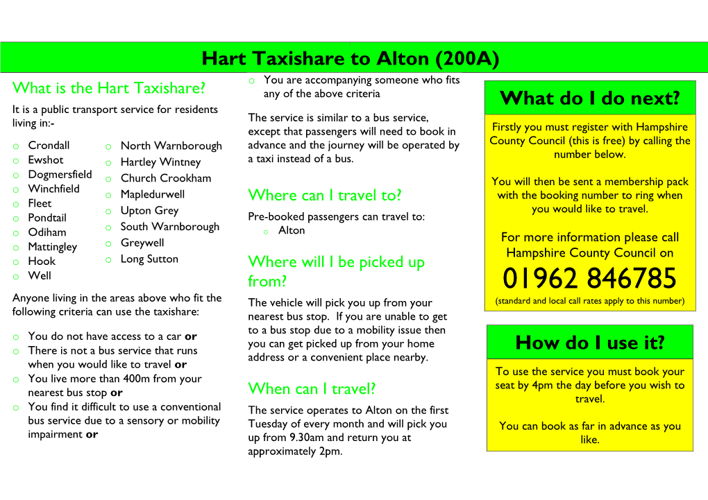 Hart to Alton 200A Taxishare Publicity Leaflet July 2012