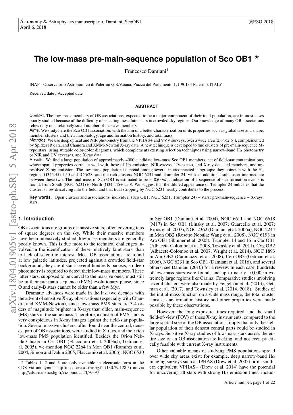 The Low-Mass Pre-Main-Sequence Population of Sco OB1 ? Francesco Damiani1