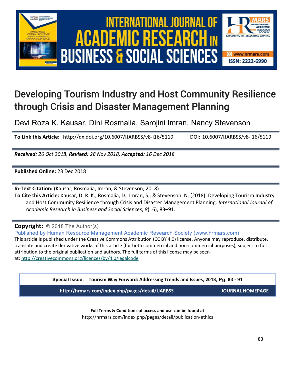 Developing Tourism Industry and Host Community Resilience Through Crisis and Disaster Management Planning