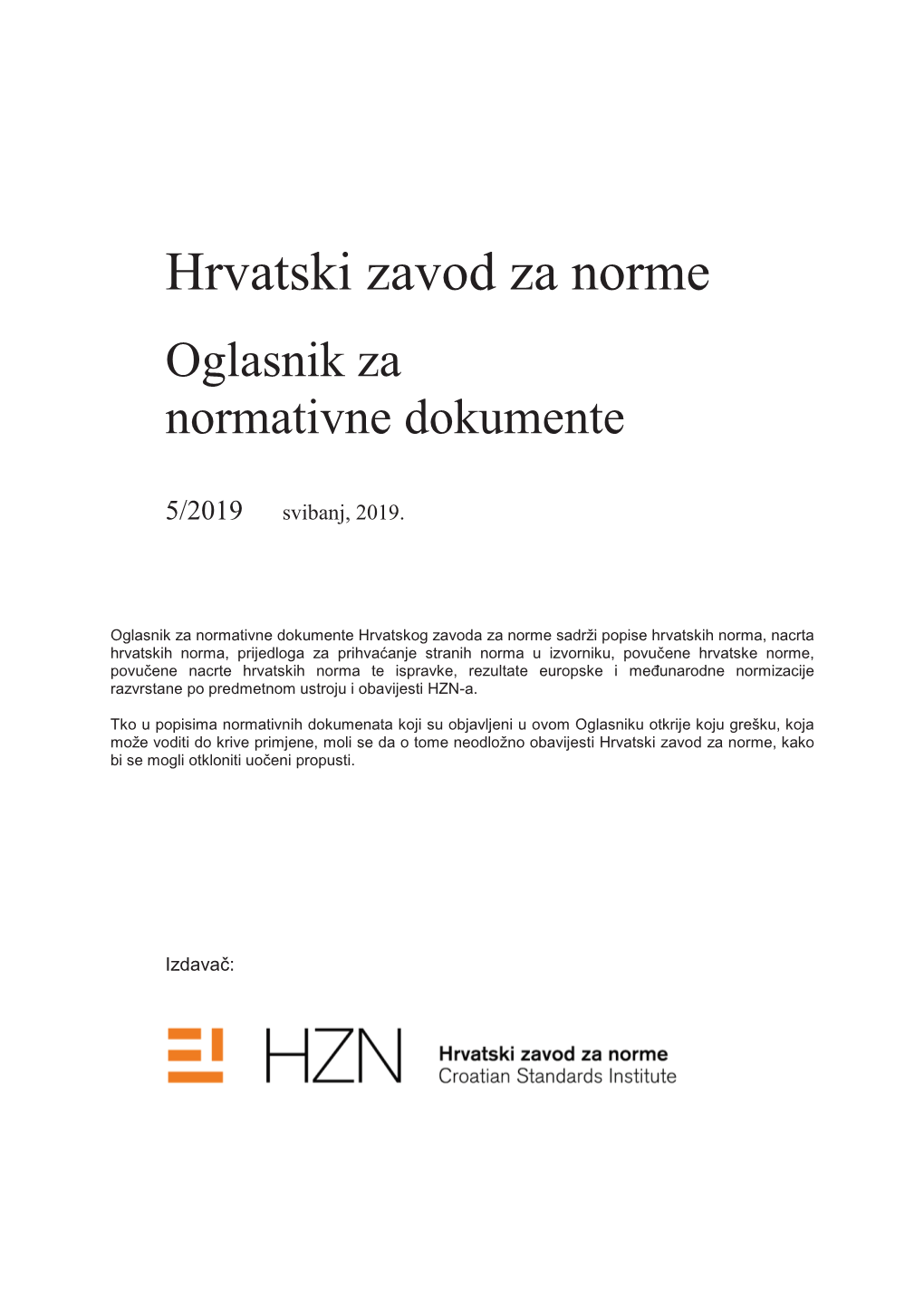 HZN Oglasnik Za Normativne Dokumente 5/2019