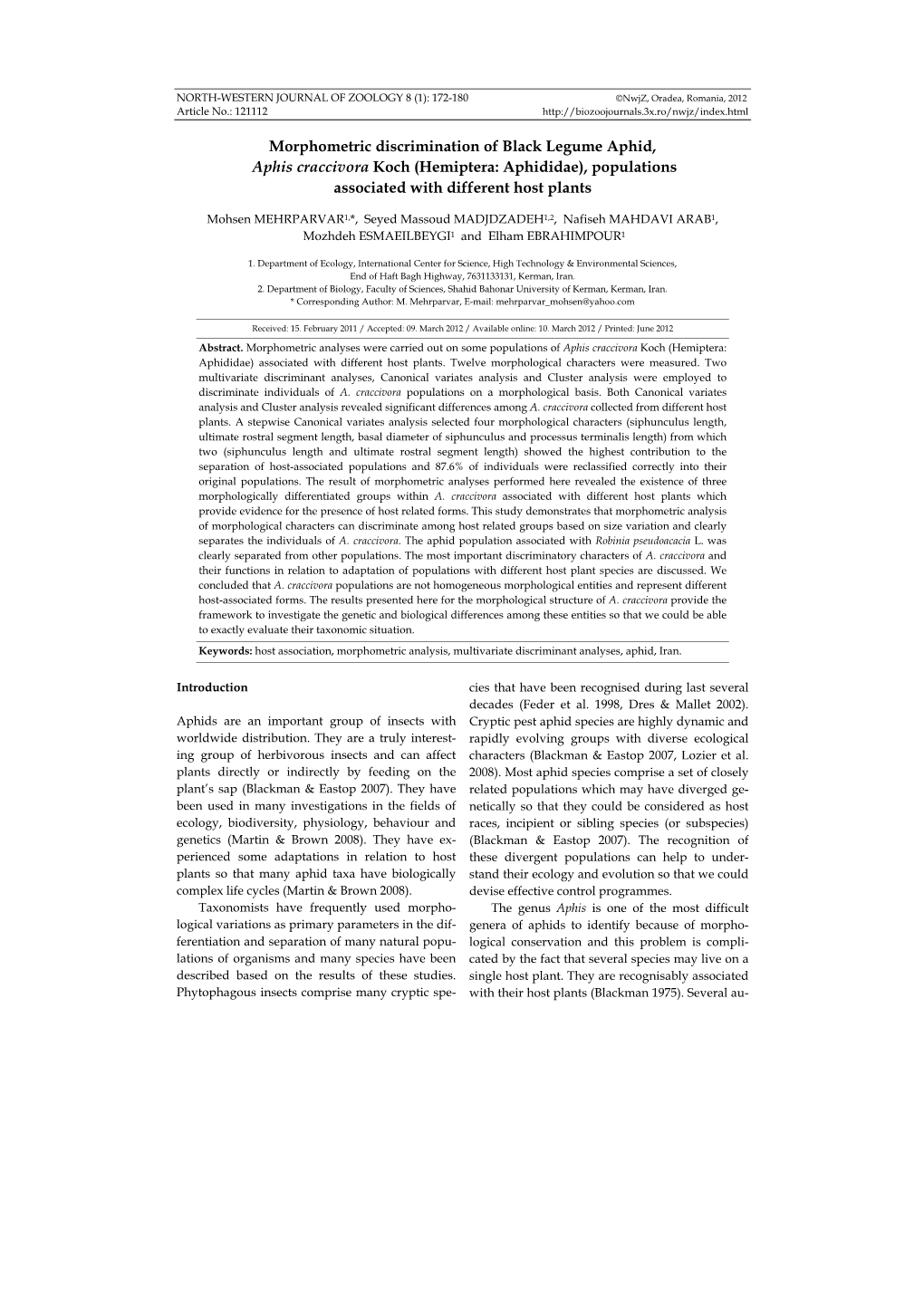 Morphometric Discrimination of Black Legume Aphid, Aphis Craccivora Koch (Hemiptera: Aphididae), Populations Associated with Different Host Plants