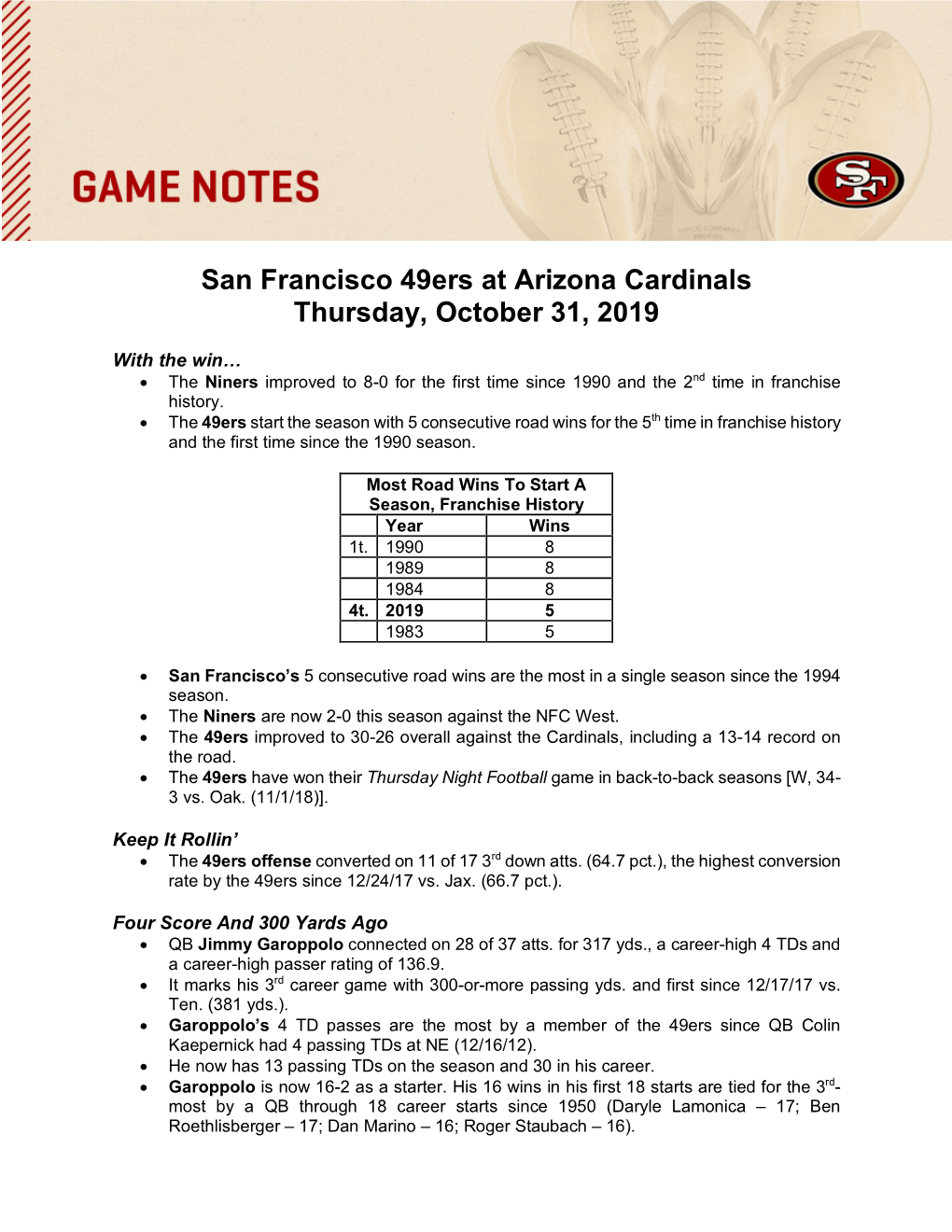 San Francisco 49Ers at Arizona Cardinals Thursday, October 31, 2019