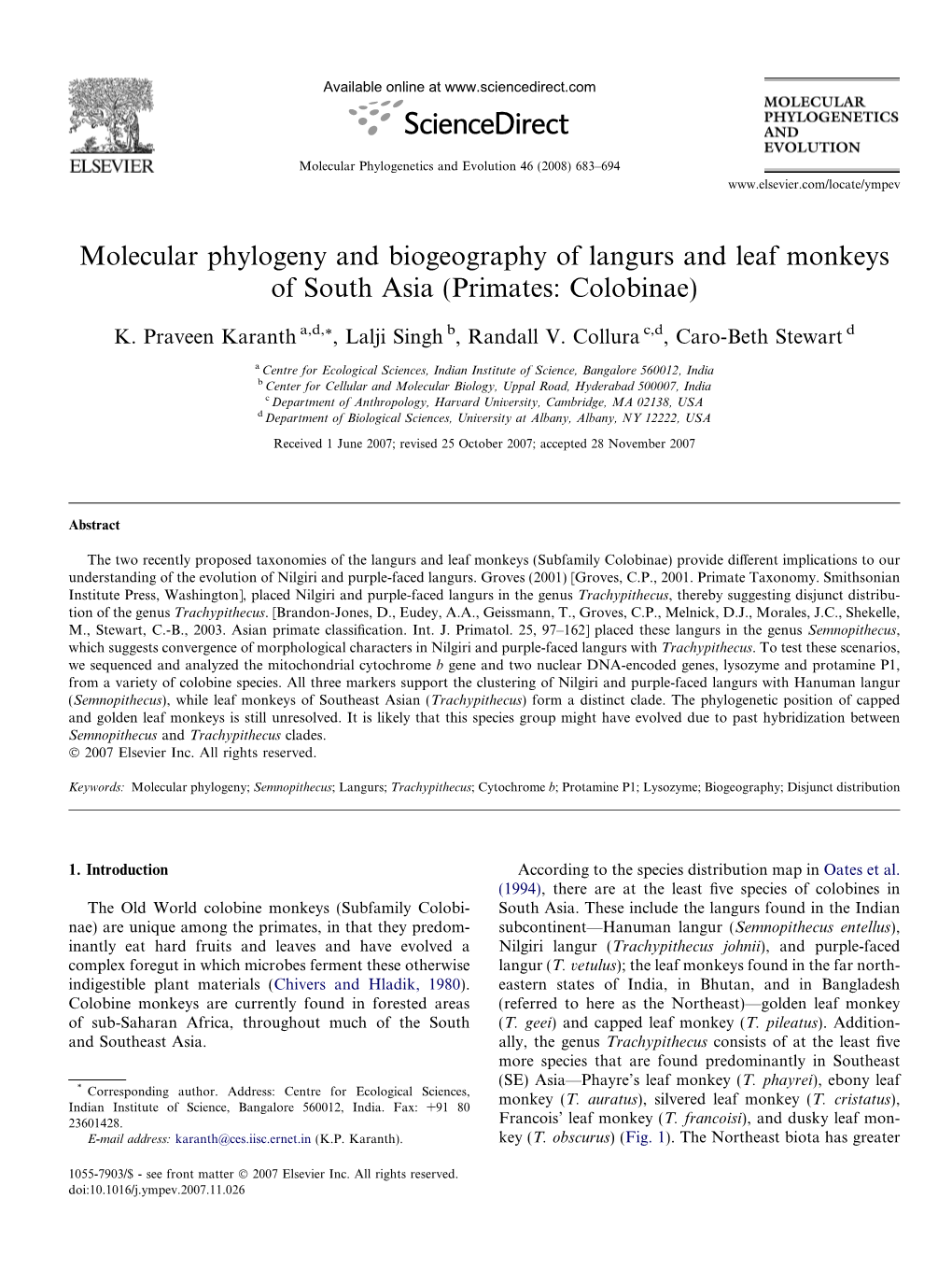 Molecular Phylogeny and Biogeography of Langurs and Leaf Monkeys of South Asia (Primates: Colobinae)