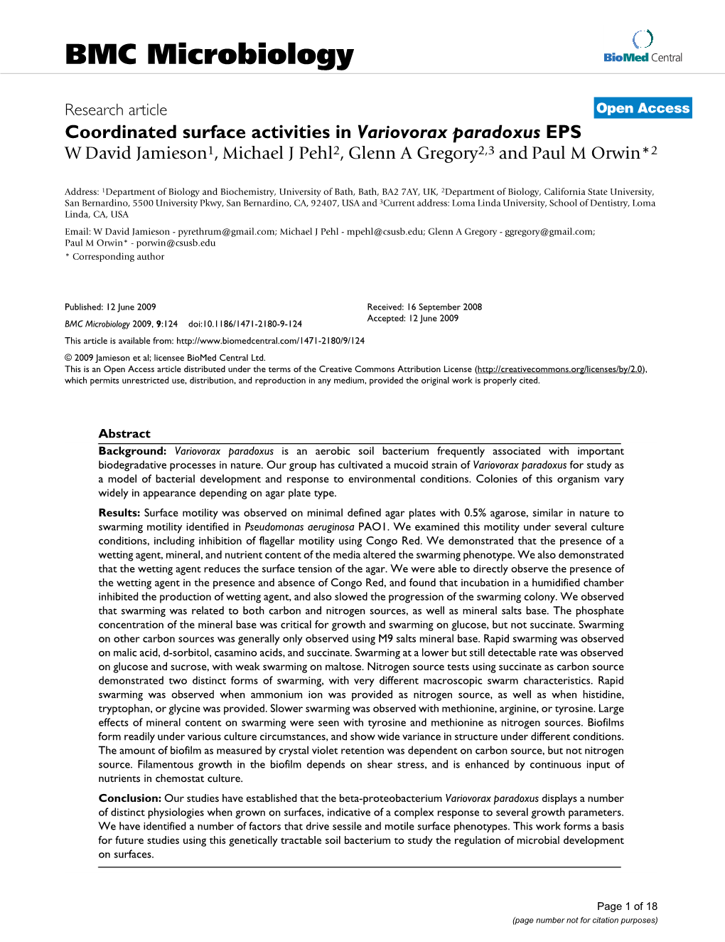 Coordinated Surface Activities in Variovorax Paradoxus EPS W David Jamieson1, Michael J Pehl2, Glenn a Gregory2,3 and Paul M Orwin*2