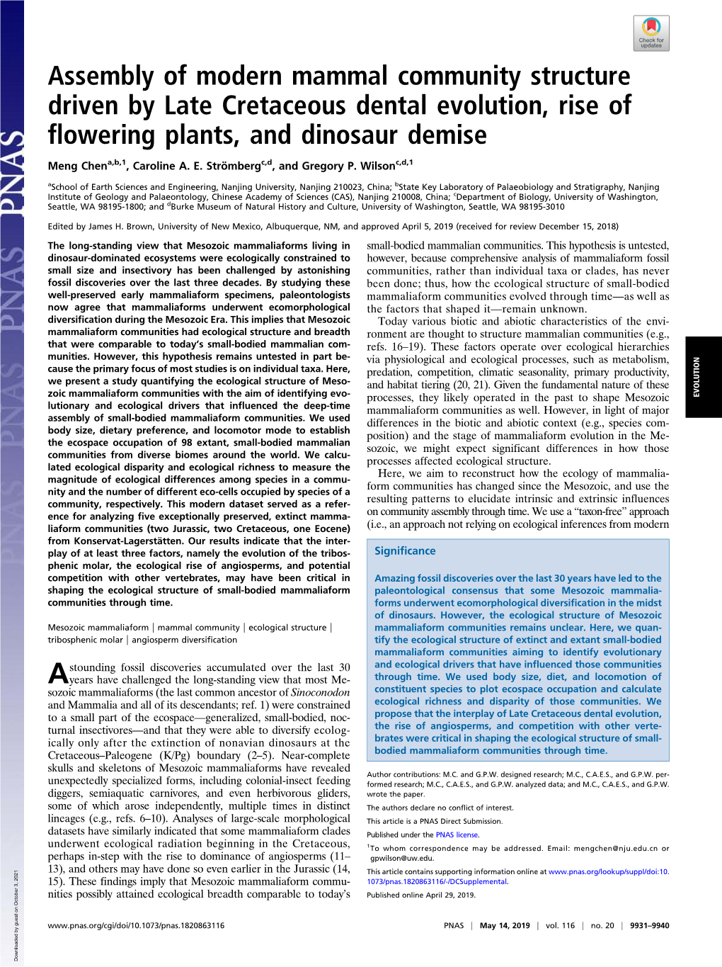 Assembly of Modern Mammal Community Structure Driven by Late Cretaceous Dental Evolution, Rise of Flowering Plants, and Dinosaur Demise