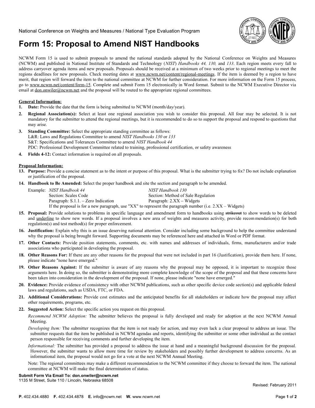 Form 15: Proposal to Amend NIST Handbooks