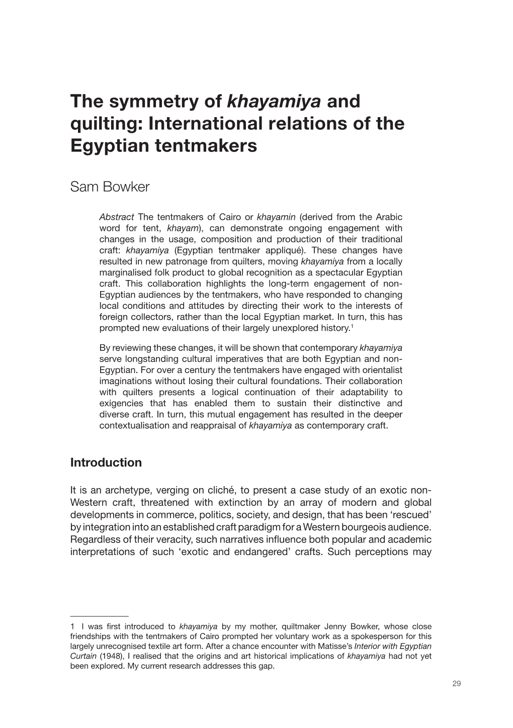 The Symmetry of Khayamiya and Quilting: International Relations of the Egyptian Tentmakers