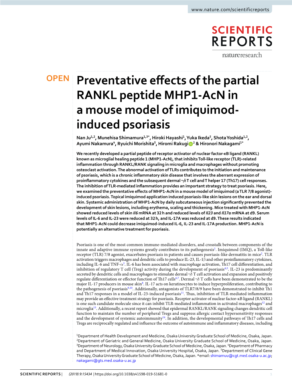 Preventative Effects of the Partial RANKL Peptide MHP1-Acn in A