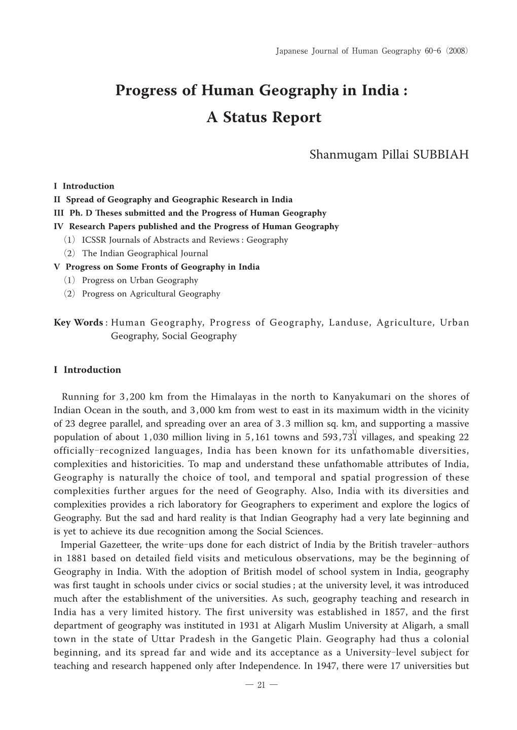 Progress of Human Geography in India : a Status Report