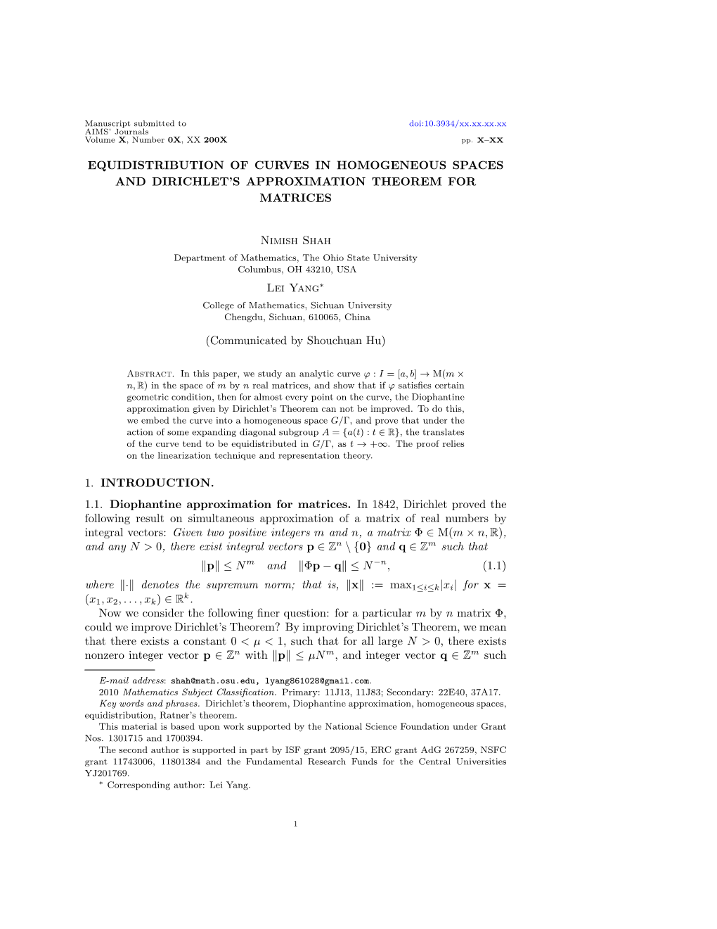 Equidistribution of Curves in Homogeneous Spaces and Dirichlet’S Approximation Theorem for Matrices