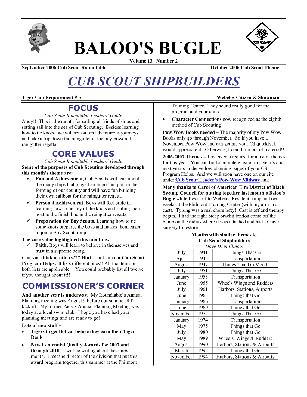 BALOO's BUGLE Volume 13, Number 2 September 2006 Cub Scout Roundtable October 2006 Cub Scout Theme CUB SCOUT SHIPBUILDERS