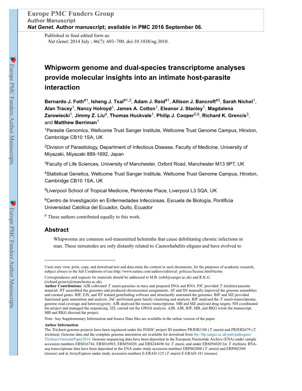 Whipworm Genome and Dual-Species Transcriptome Analyses Provide Molecular Insights Into an Intimate Host-Parasite Interaction