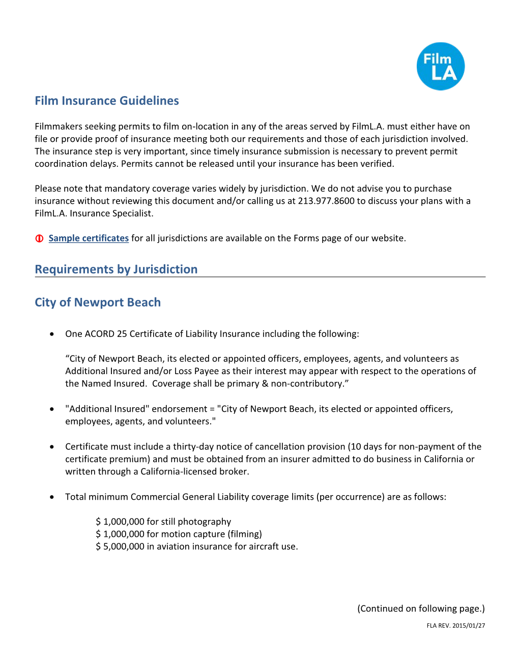 Film Insurance Guidelines Requirements by Jurisdiction City Of