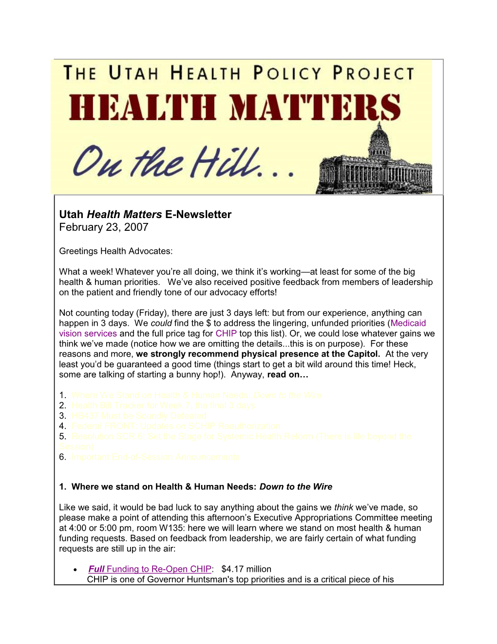 Utah Health Matters E-Newsletter February 23, 2007