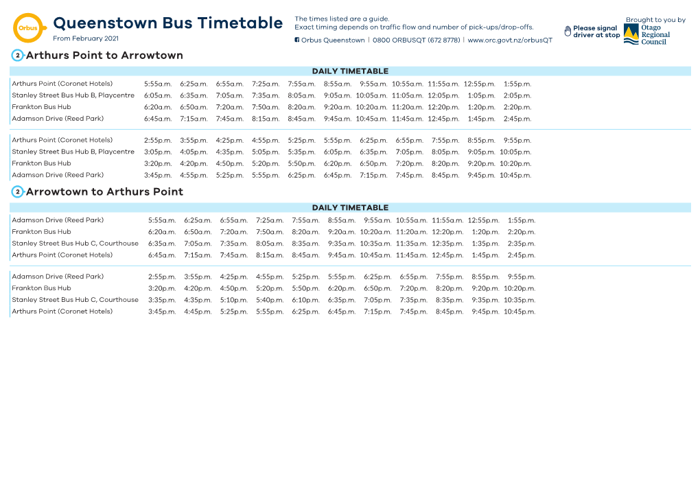 Queenstown Bus Timetable Exact Timing Depends on Traffic Flow and Number of Pick-Ups/Drop-Offs
