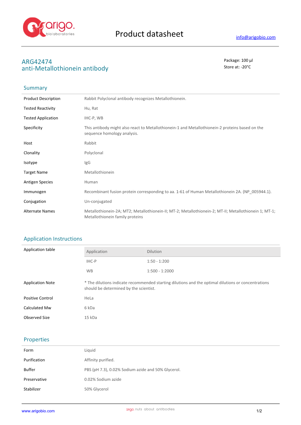 Anti-Metallothionein Antibody (ARG42474)