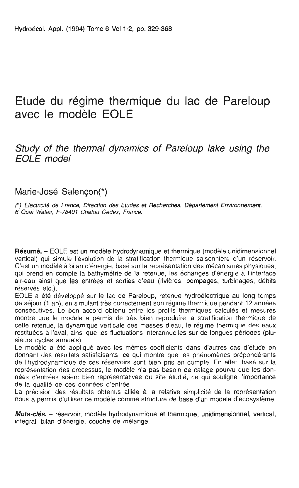 Etude Du Régime Thermique Du Lac De Pareloup Avec Le Modèle EOLE