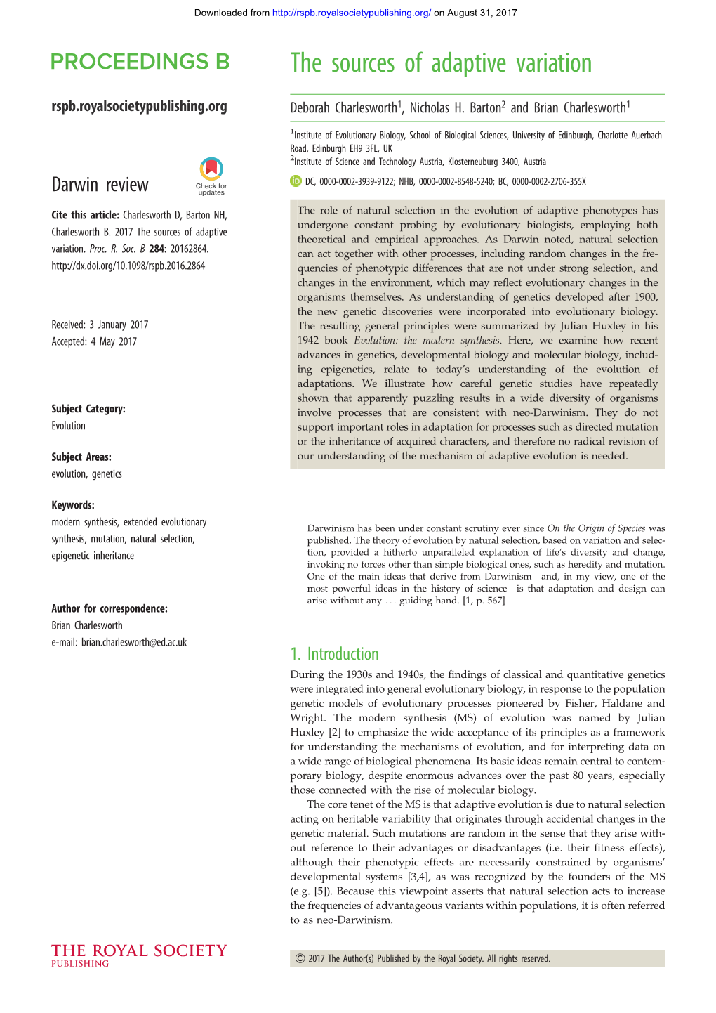 The Sources of Adaptive Variation Rspb.Royalsocietypublishing.Org Deborah Charlesworth1, Nicholas H