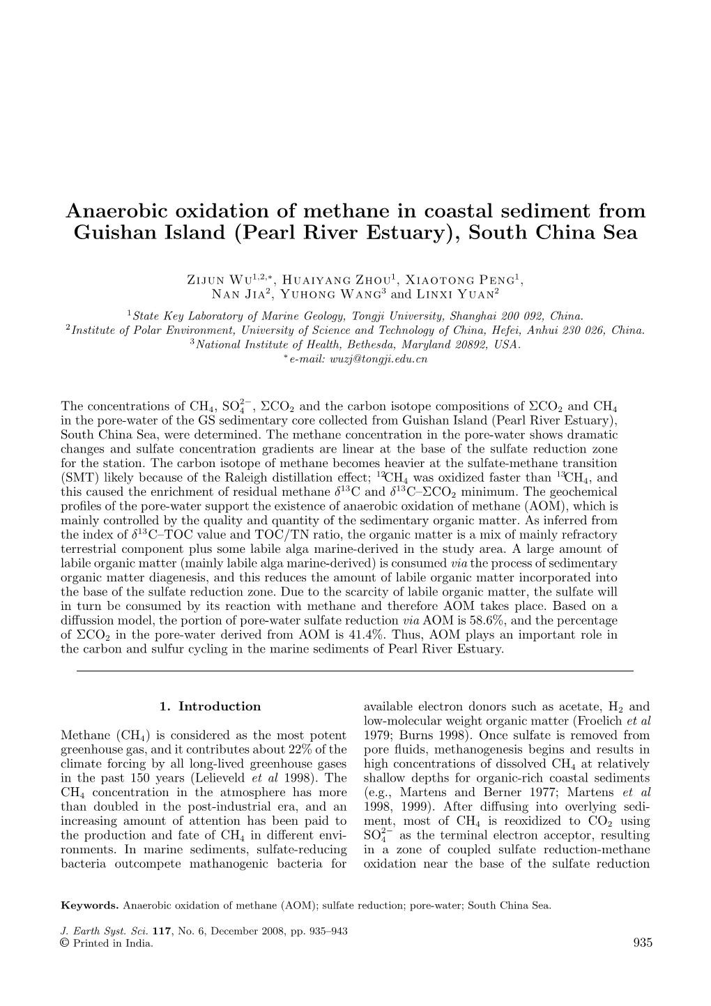 Anaerobic Oxidation of Methane in Coastal Sediment from Guishan Island (Pearl River Estuary), South China Sea