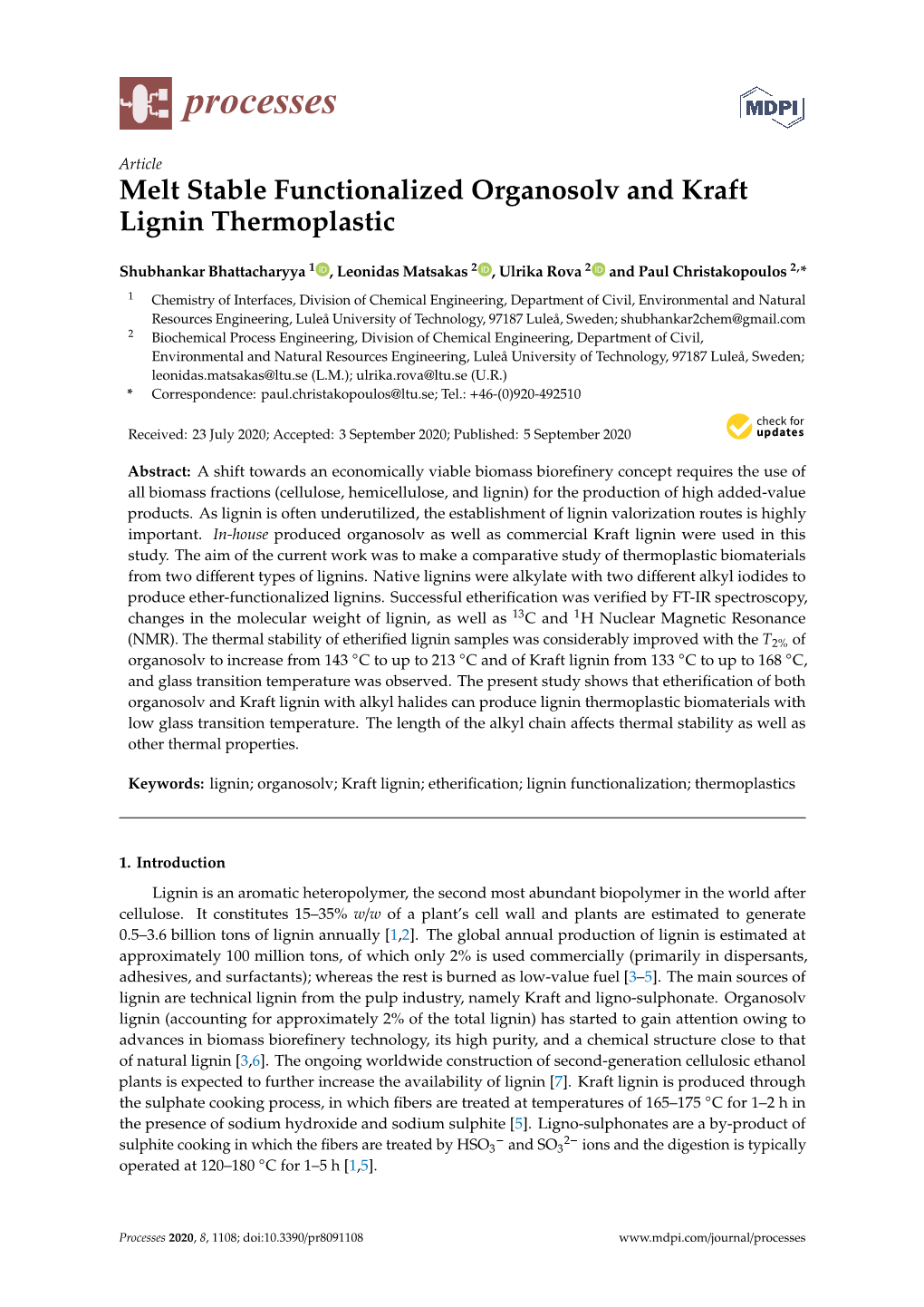 Melt Stable Functionalized Organosolv and Kraft Lignin Thermoplastic
