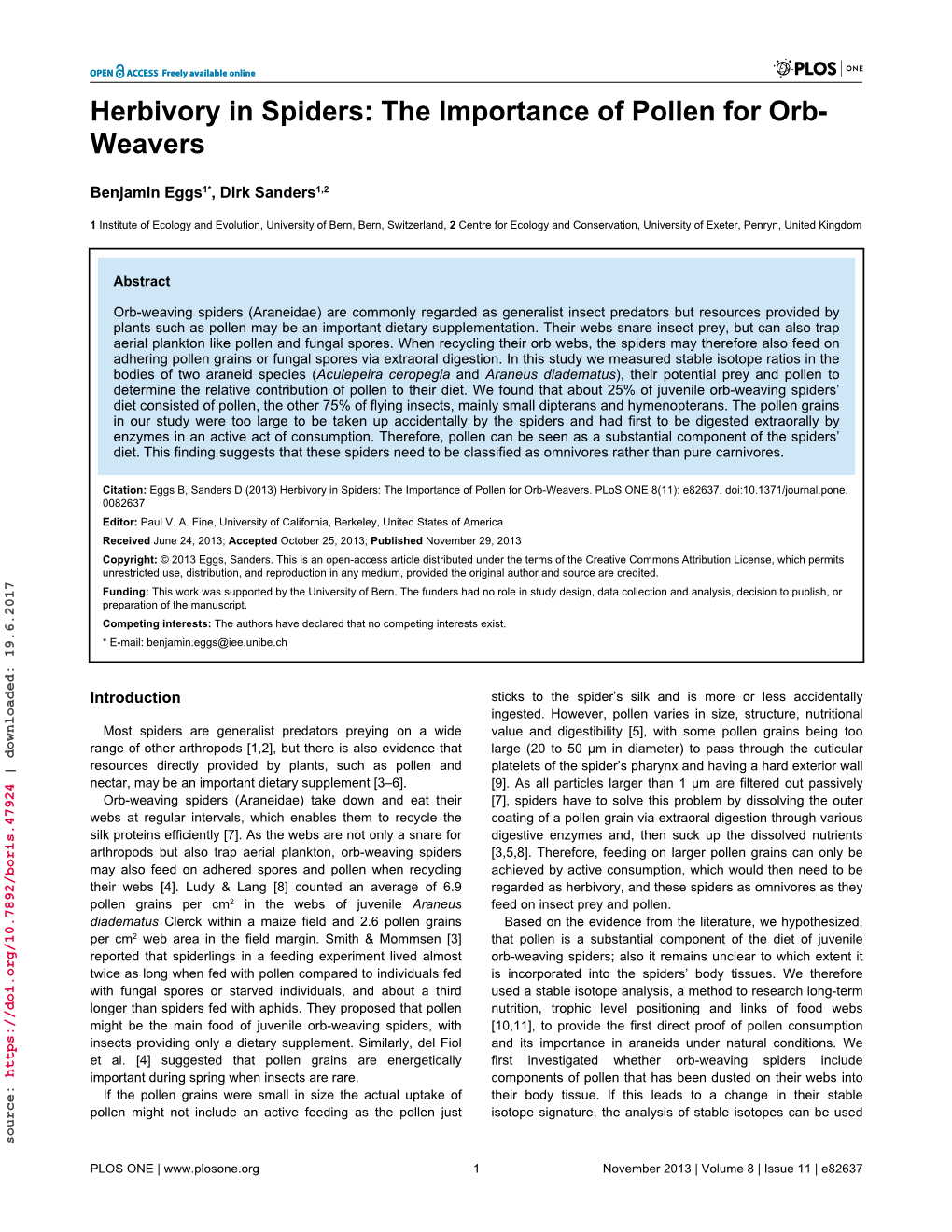 Herbivory in Spiders: the Importance of Pollen for Orb- Weavers