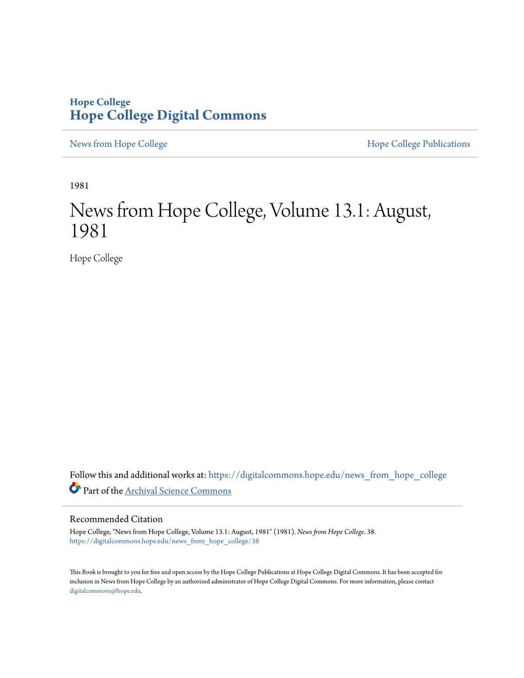 News from Hope College, Volume 13.1: August, 1981 Hope College