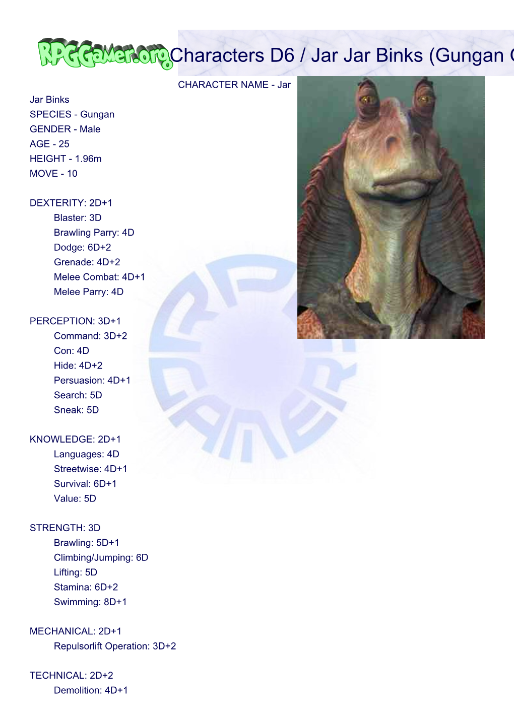 Characters D6 / Jar Jar Binks (Gungan Outcast)