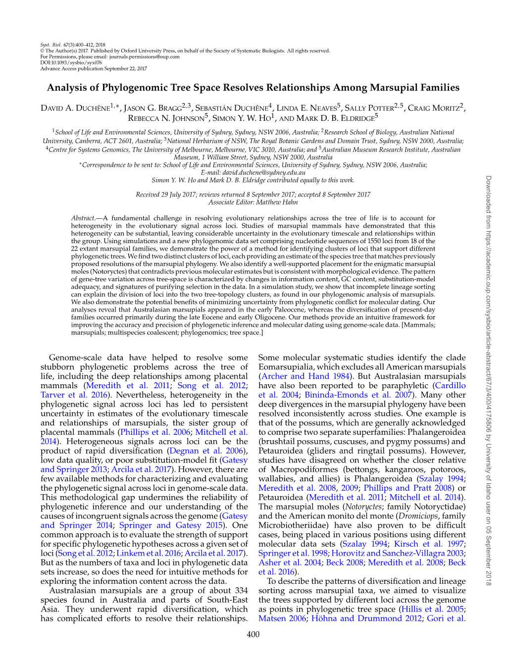 Analysis of Phylogenomic Tree Space Resolves Relationships Among Marsupial Families