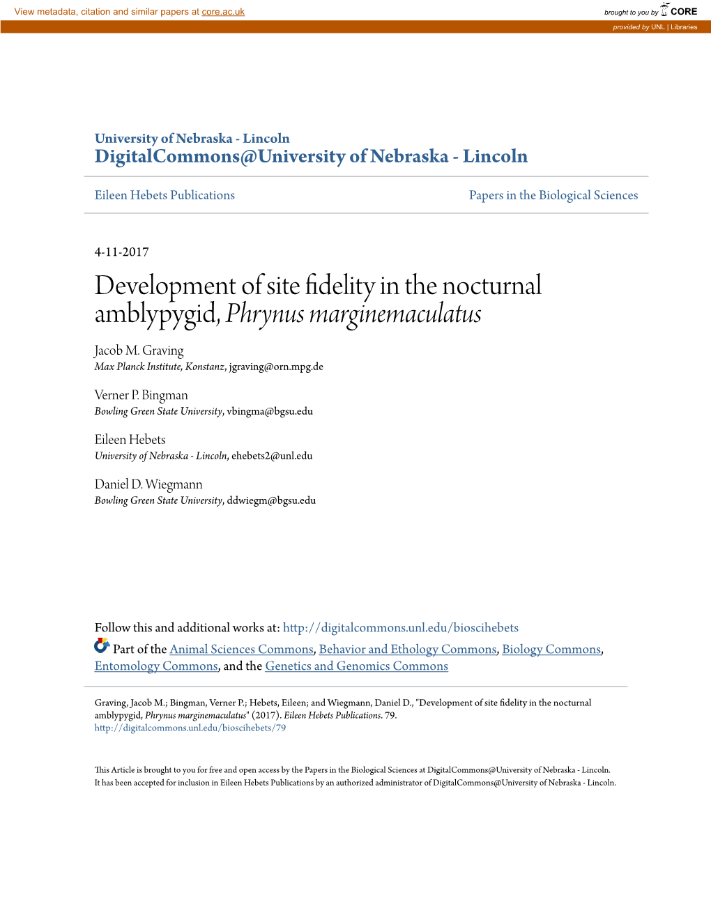 Development of Site Fidelity in the Nocturnal Amblypygid, &lt;I&gt;Phrynus