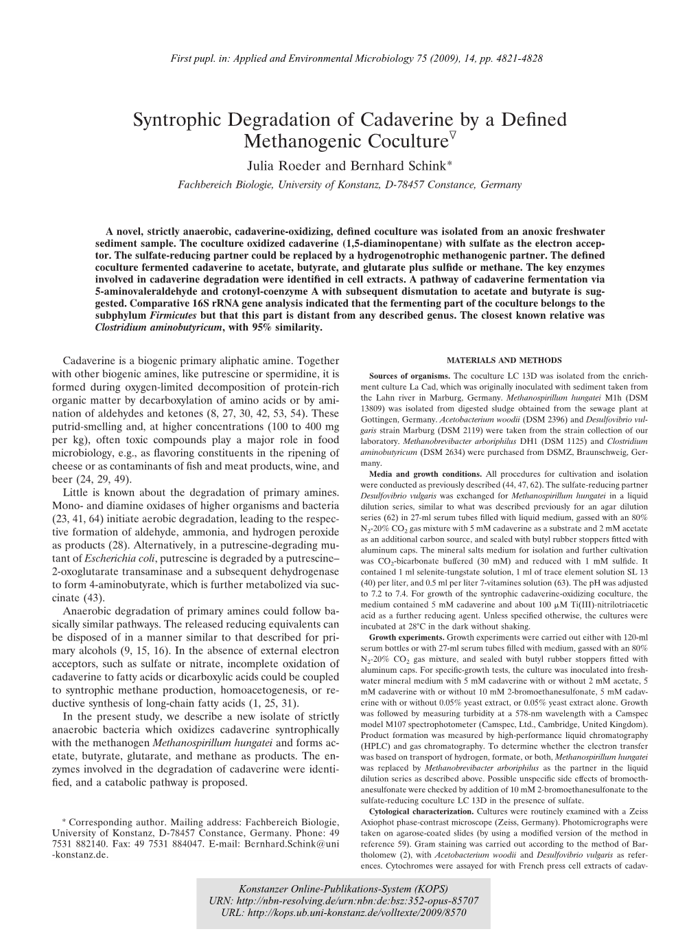 Syntrophic Degradation of Cadaverine by a Defined Methanogenic Coculture