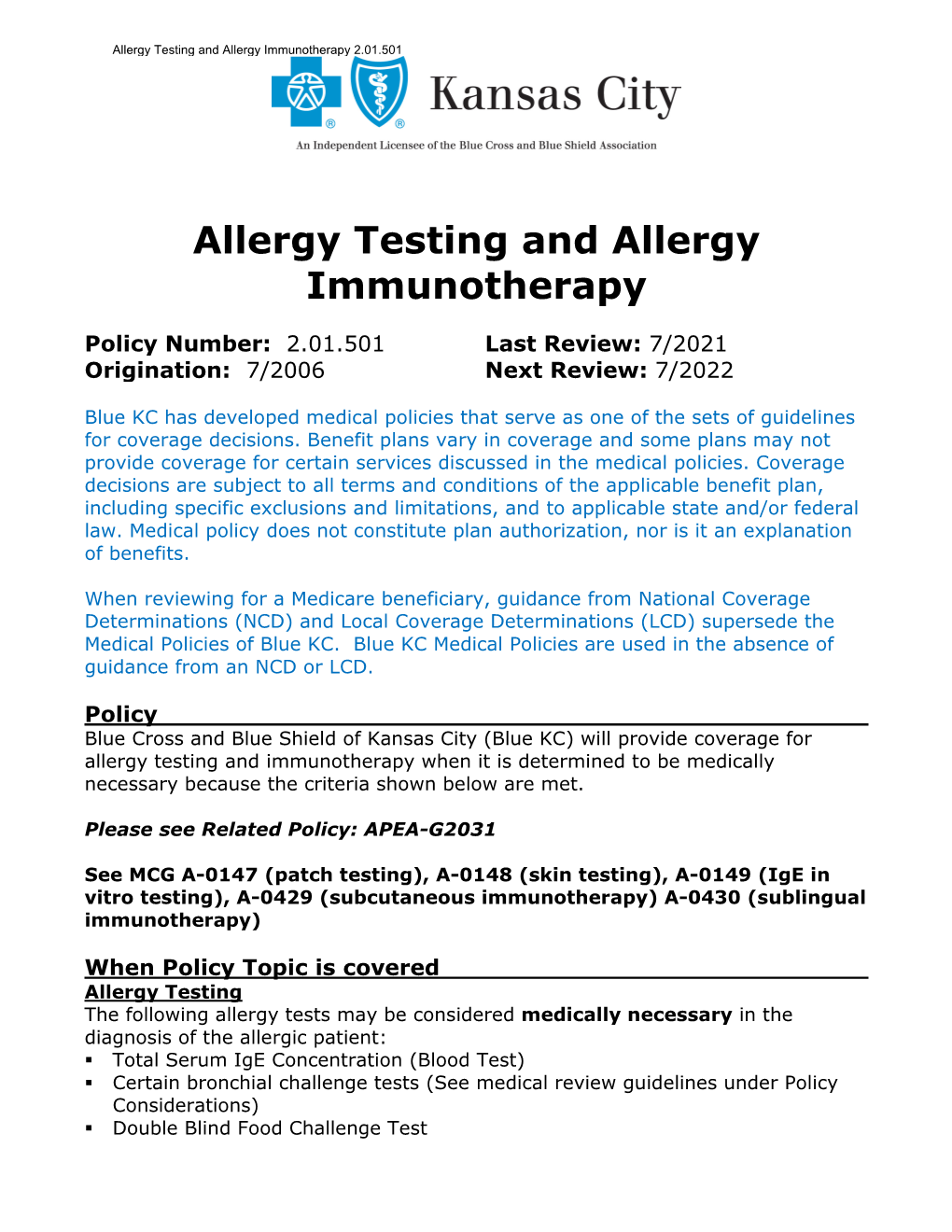 Allergy Testing and Allergy Immunotherapy 2.01.501