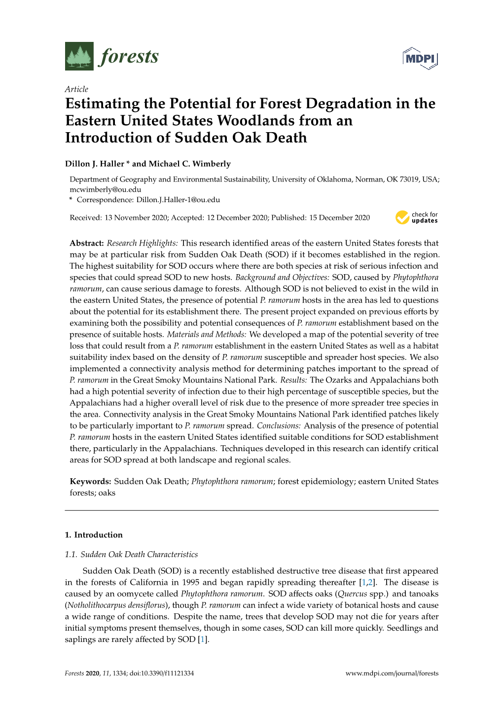 Estimating the Potential for Forest Degradation in the Eastern United States Woodlands from an Introduction of Sudden Oak Death