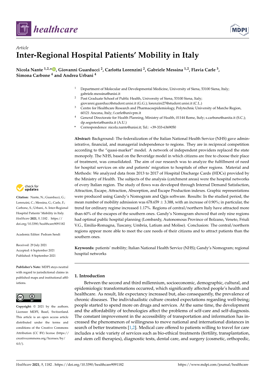 Inter-Regional Hospital Patients' Mobility in Italy