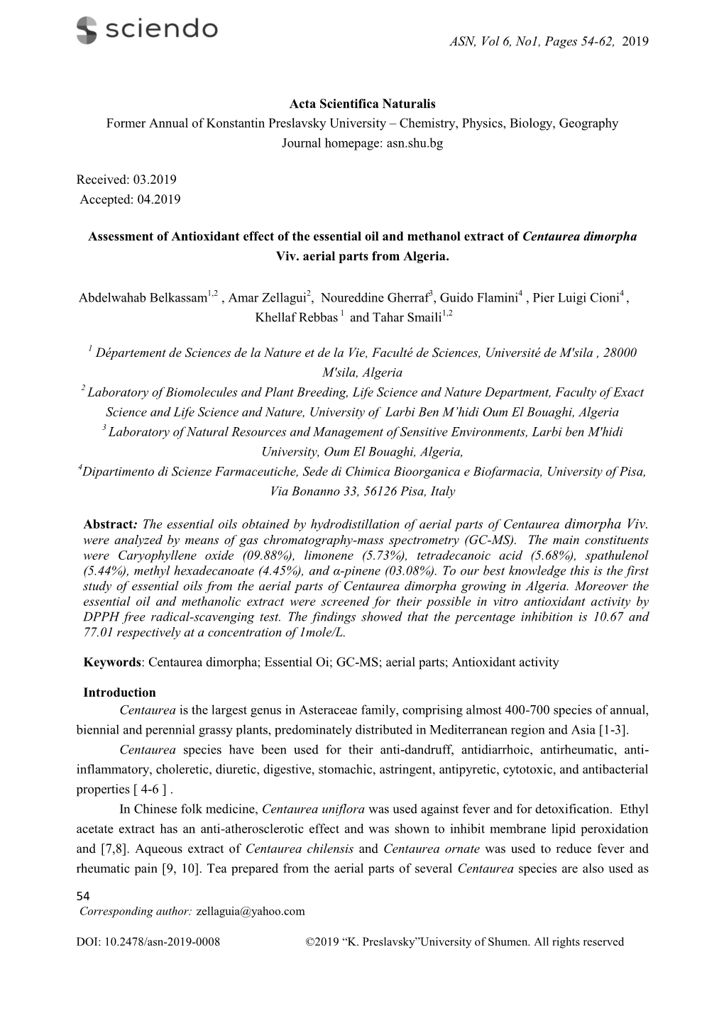 ASN, Vol 6, No1, Pages 54-62, 2019 54 Acta Scientifica Naturalis Former Annual of Konstantin Preslavsky University