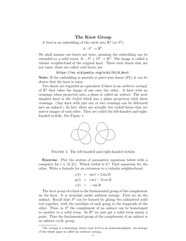 The Knot Group a Knot Is an Embedding of the Circle Into R3 (Or S3), K : S1 → R3