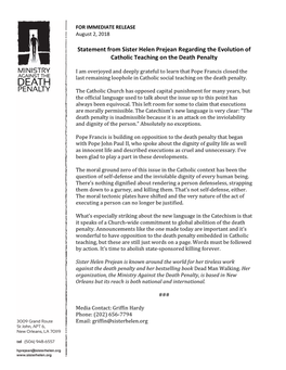 Statement from Sister Helen Prejean Regarding the Evolution of Catholic Teaching on the Death Penalty