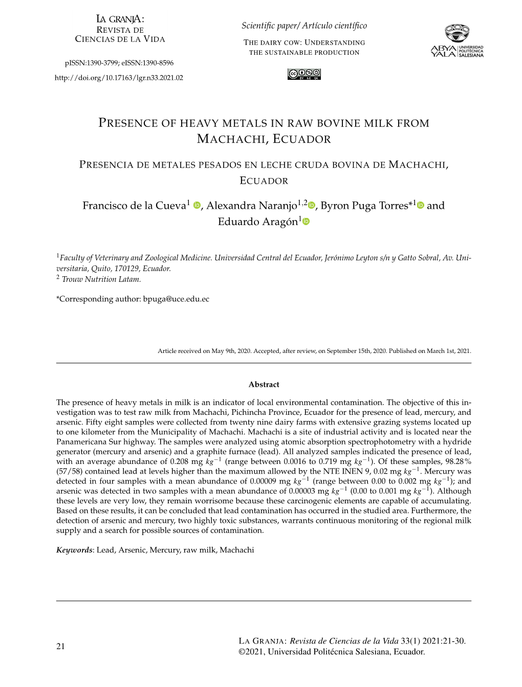 Presence of Heavy Metals in Raw Bovine Milk from Machachi,Ecuador