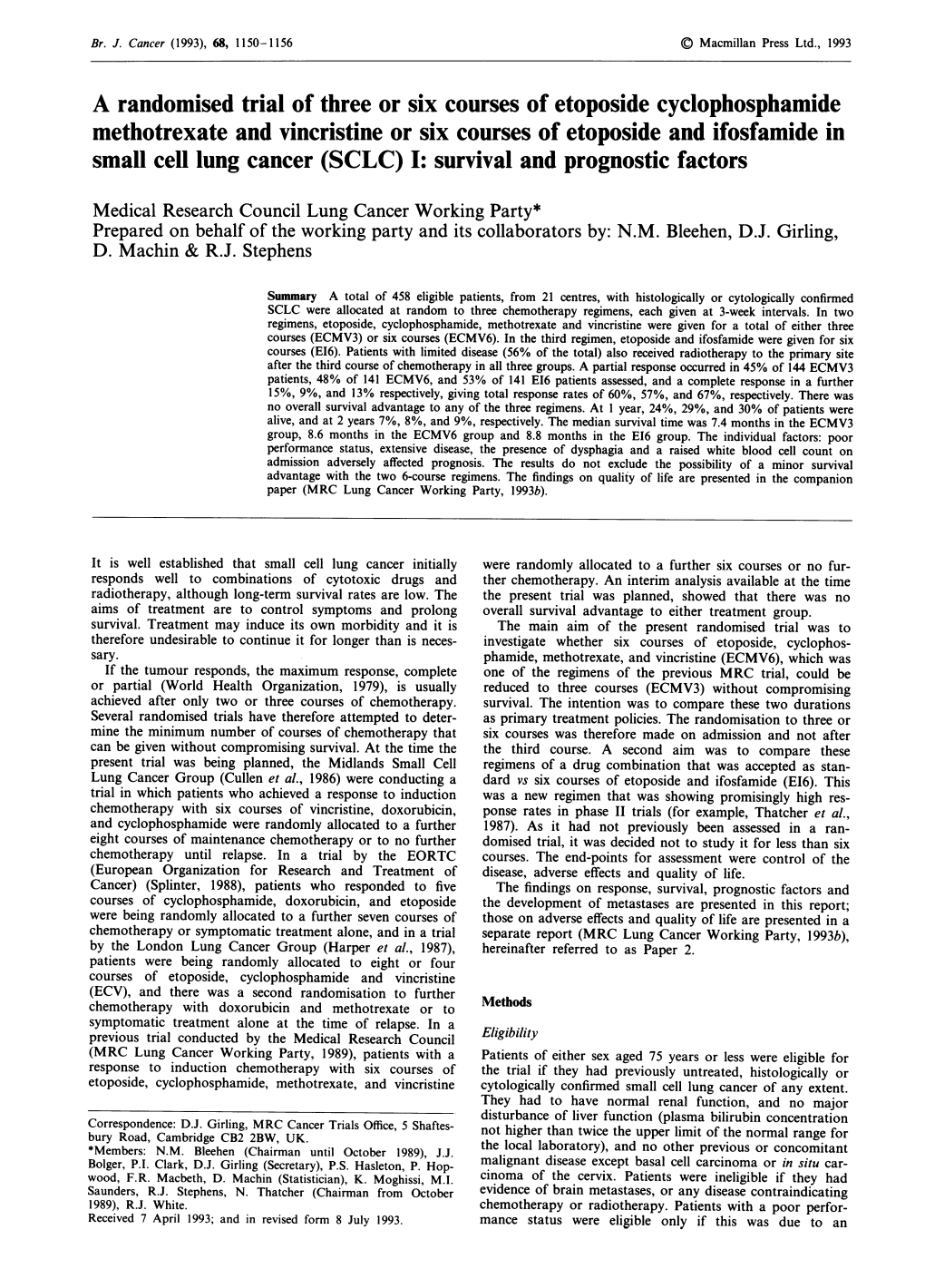 A Randomised Trial of Three Or Six Courses of Etoposide Cyclophosphamide