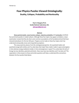 Four Physics Puzzles Viewed Ontologically: Duality, Collapse, Probability and Nonlocality