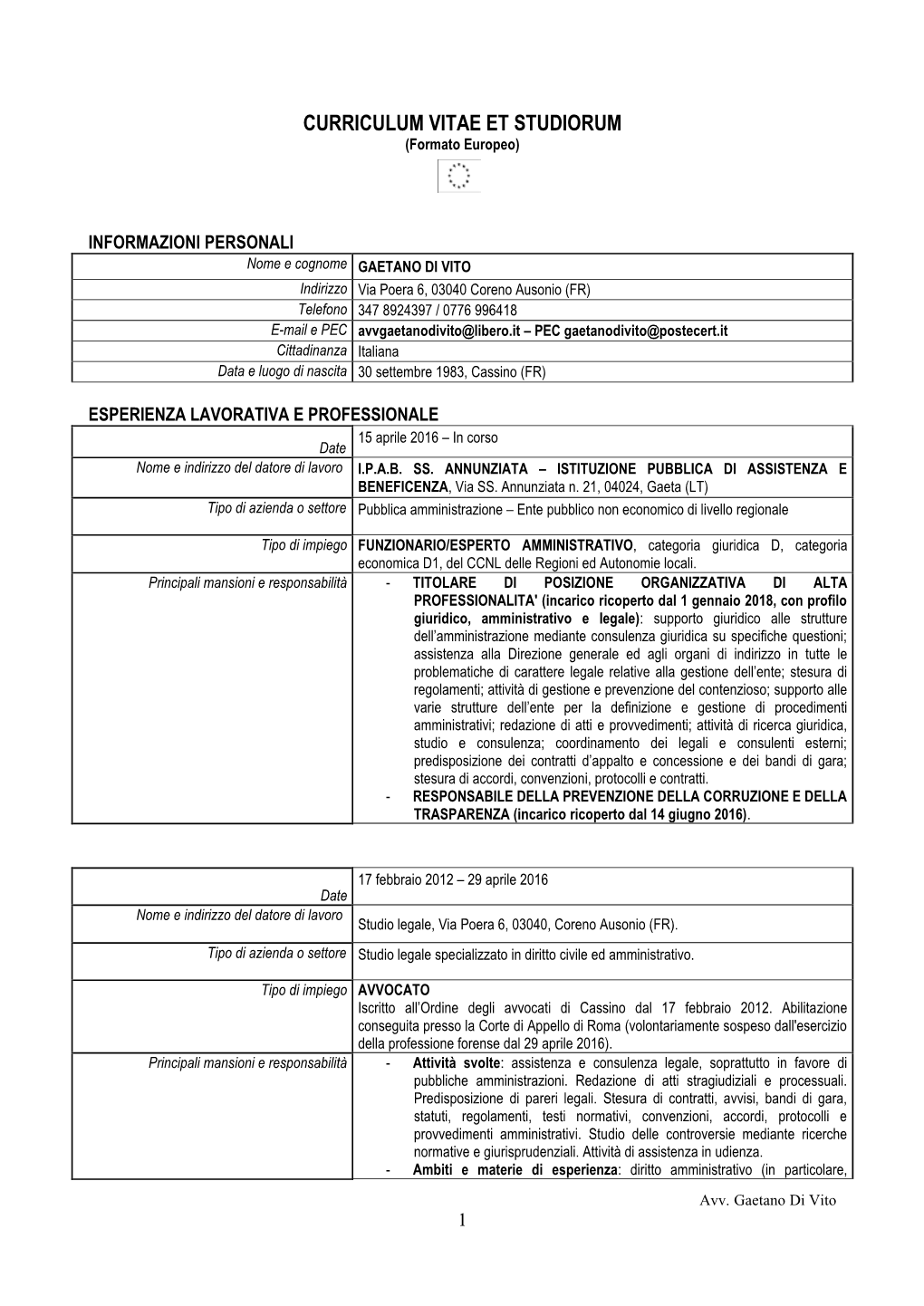 Curriculum Vitae RPCT Avv. Gaetano Di Vito