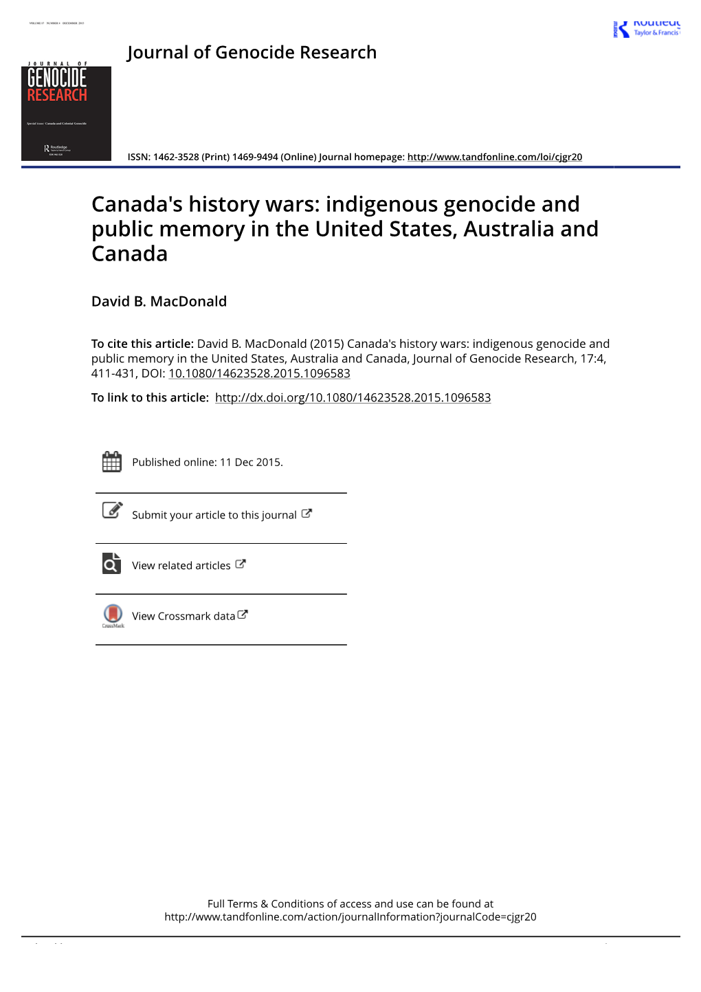 Canada's History War: Indigenous Genocide and Public Memory in The