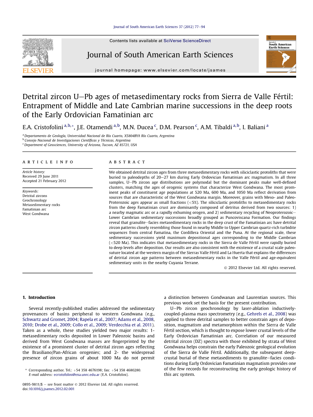 Detrital Zircon U-Pb Ages of Metasedimentary Rocks from Sierra De Valle Fertil: Entrapment of Middle and Late Cambrian Marine Su