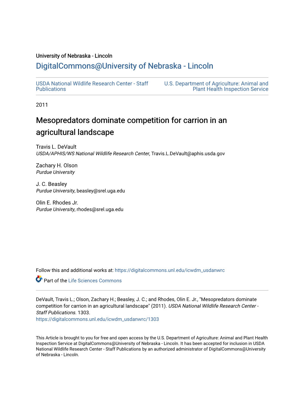 Mesopredators Dominate Competition for Carrion in an Agricultural Landscape