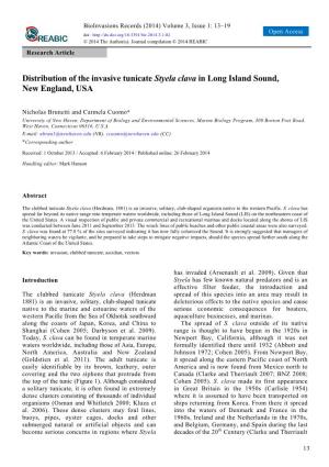 Distribution of the Invasive Tunicate Styela Clava in Long Island Sound, New England, USA