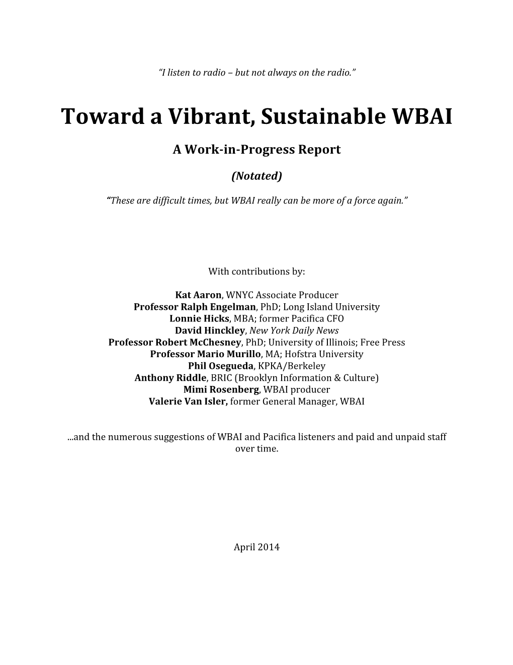 Toward a Vibrant, Sustainable WBAI