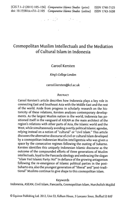 Cosmopolitan Muslim Intellectuals and the Mediation of Cultural Islam in Indonesia